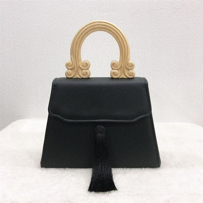 Vintage Tassel Handbag with Wooden Handle Women Black PU Leather Handbags Dinner Clutch Bag for Ladies Tote Bag