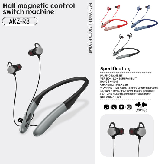 AKZ-R8 New Private Model Wireless Bluetooth Headset 5.0 Hanging Neck Sports Hall Magnetic Switch Stereo Headset