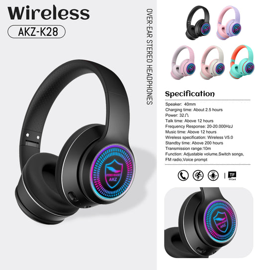 AKZ-K28 New Private Model Wireless Bluetooth Headset RGB Light High Quality Stereo TF/FM