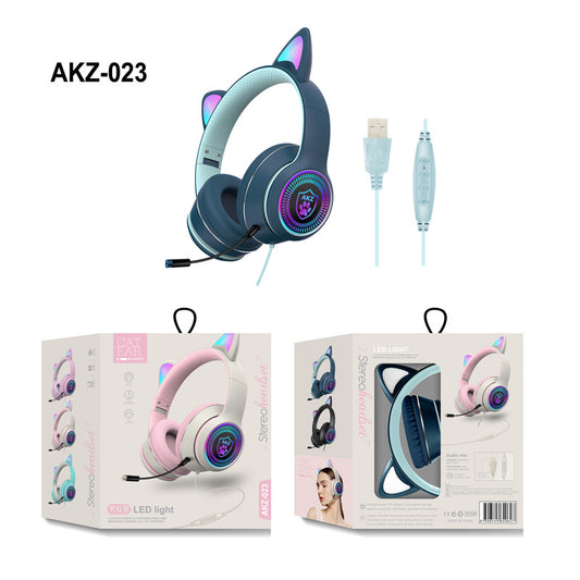 AKZ-023 New RGB Luminous Cat Ear Wired Headset USB With Sound Card Game Headset Learning Headset
